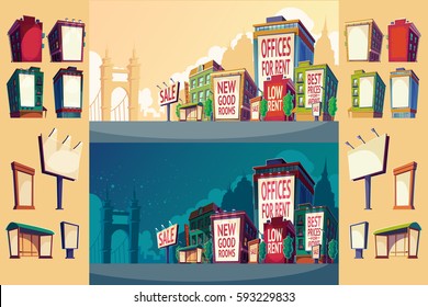 Set vector cartoon illustration of an urban landscape with buildings and a large billboard on the wall.