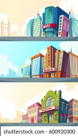 Set vector cartoon illustration of an urban landscape with the buildings of old and modern cinemas. A collection of cartoon banners for advertising