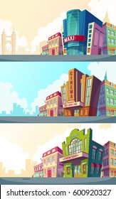 Set vector cartoon illustration of an urban landscape with the buildings of old and modern cinemas. A collection of cartoon banners for advertising