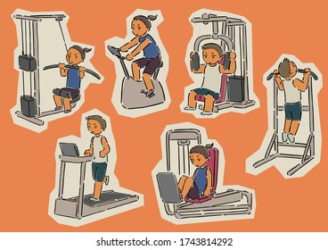 Set of  vector cartoon  illustration, work out with exercise machine