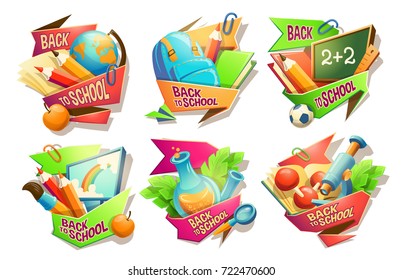 Set of vector cartoon illustrations, badges, stickers, emblems, colored icons of school supplies with the inscription Back to school, isolated on white background. Template, print, design element.