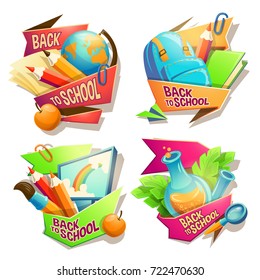 Set of vector cartoon illustrations, badges, stickers, emblems, colored icons of school supplies with the inscription Back to school, isolated on white background. Template, print, design element.