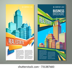 Conjunto de ilustraciones vectoriales, banners, fondos urbanos con modernos edificios de grandes ciudades, rascacielos, centros de negocios y espacio para tu texto. Banner publicitario para agencia inmobiliaria