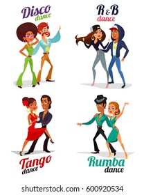 Set vector cartoon illustrations of a couples dancing tango, rumba, disco and hip hop isolated on white background. Element for the advertising poster of the school of dance, competitions in dances