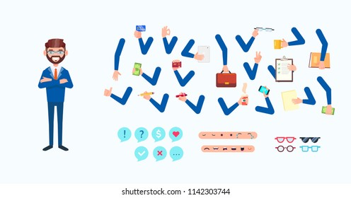 Set of vector cartoon illustrations for creating a character, businessman. Collection of faces, front view, emotions, hands bent in different positions, diverse accessories.