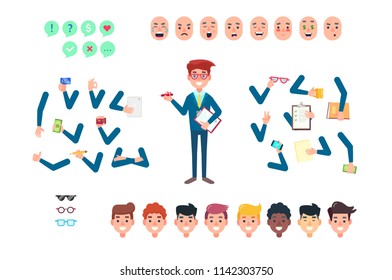 Set of vector cartoon illustrations for creating a character, businessman. Collection of faces, front view, emotions, hands bent in different positions, diverse accessories.