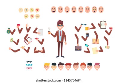 Set of vector cartoon illustrations for creating a businessman character. Collection of faces, front view, emotions, hands bent in different positions, diverse accessories.