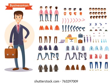 Set of vector cartoon illustrations for creating a character, businessman. Collection of faces, front, side and back view, emotions, hands and feet bent in different positions, clothes and accessories