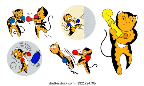 Set of vector cartoon illustrations of a cute young tiger cub martial artist.