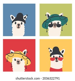 Set of vector cartoon illustrations with cute llamas in glasses and hat on isolated background. For children's design, textile, print, poster, banner, greeting, greeting card, notebook, scrapbooking.