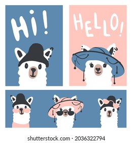 Set of vector cartoon illustrations with cute llamas with the text: Hi, Hello. For children's design, textile, print, poster, banner, greetings, postcard, notepad, scrapbook. Editable elements.