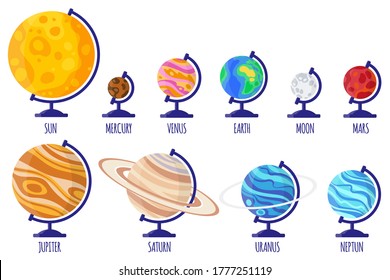 Conjunto de ilustraciones vectoriales de dibujos animados con globos de escritorio de planetas del sistema solar: Mercurio, Venus, Tierra, Marte, Júpiter, Saturno, Urano, Neptuno, Luna de fondo blanco. De vuelta a la escuela.