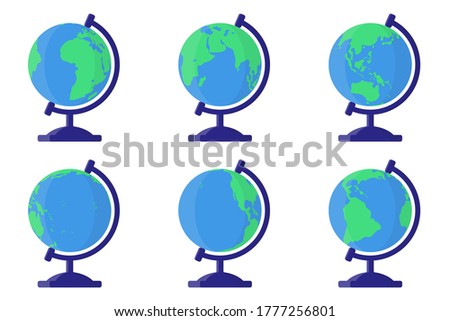 Set of vector cartoon illustrations with desktop school Earth globe from different sides on white background. Back to school.