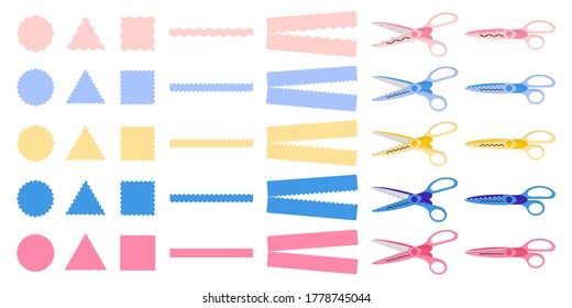 Set of vector cartoon illustrations with different types of decorative edge scissors on white background. Back to school.