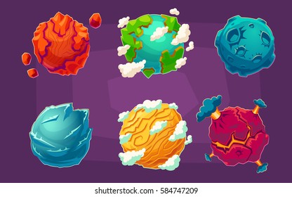 Set of vector cartoon illustrations fantasy alien planets