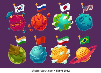 Set of vector cartoon illustrations fantasy alien planets with fluttering flags on them