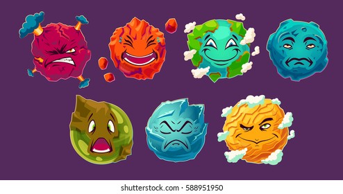 Set of vector cartoon illustrations fantasy alien planets showing different emotions