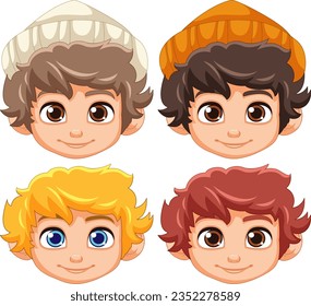 A set of vector cartoon illustrations featuring boys with and without beanie hats, all smiling