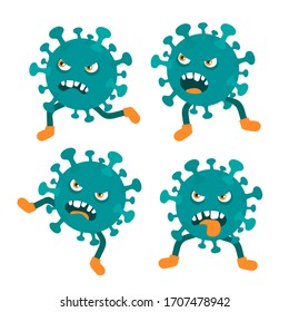 Set of vector cartoon illustrations of funny coronavirus character isolated on white background