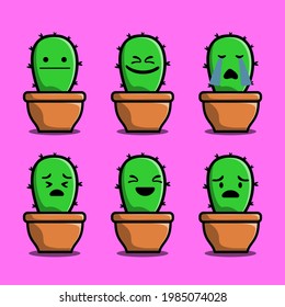 Set Vector cartoon illustrations of green cactus with emotions. Funny emotions character collection for kids. Fantasy characters. 