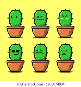 Set Vector cartoon illustrations of green cactus with emotions. Funny emotions character collection for kids. Fantasy characters. 