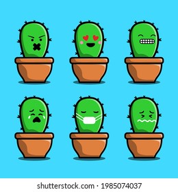 Set Vector cartoon illustrations of green cactus with emotions. Funny emotions character collection for kids. Fantasy characters. 