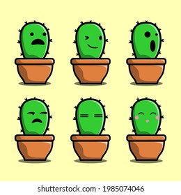 Set Vector cartoon illustrations of green cactus with emotions. Funny emotions character collection for kids. Fantasy characters. 