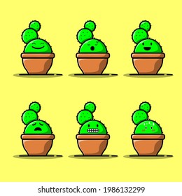 Set Vector cartoon illustrations of green cactus with emotions. Funny emotions character collection for kids. Fantasy characters. 