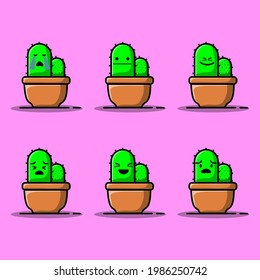 Set Vector cartoon illustrations of green cactus with emotions. Funny emotions character collection for kids. Fantasy characters. 