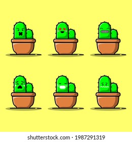 Set Vector cartoon illustrations of green cactus with emotions. Funny emotions character collection for kids. Fantasy characters. 