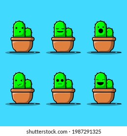 Set Vector cartoon illustrations of green cactus with emotions. Funny emotions character collection for kids. Fantasy characters. 