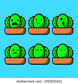 Set Vector cartoon illustrations of green cactus with emotions. Funny emotions character collection for kids. Fantasy characters. 