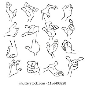 A Set of Vector Cartoon Illustrations. Hands with Different Gestures for you Design. Coloring Book. Outline 