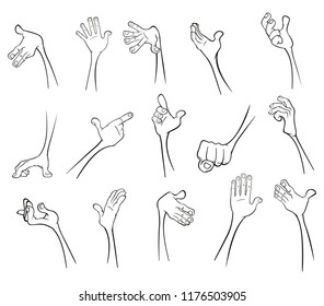 A Set of Vector Cartoon Illustrations. Hands with Different Gestures for you Design.Coloring Book. Outline 