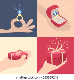 Set of vector cartoon illustrations of hands with gifts with one displaying a sparkling diamond ring, one holding a red gift box, one a larger sparkling red box and a sparkling ring in a jewellery box