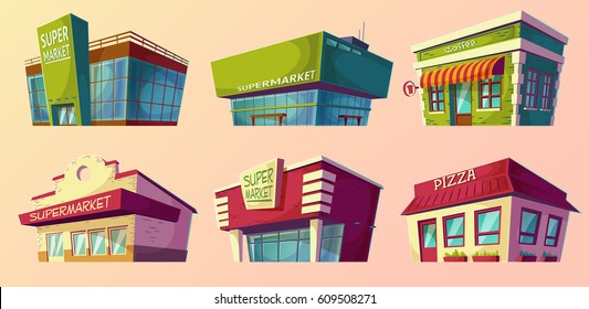 Set of vector cartoon illustrations, icons retro and modern supermarket, coffee shop, pizzeria