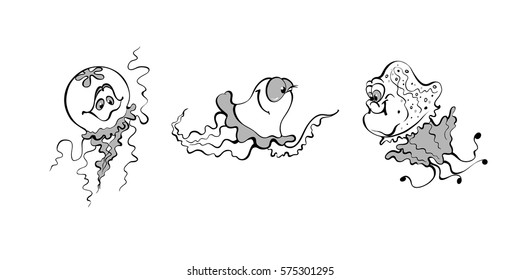 Set of vector cartoon illustrations with jellyfishes