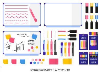 Set of vector cartoon illustrations with magnetic board, multi-colored markers, sponge, stickers and magnets on white background. Back to school.