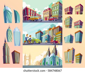 Set vector cartoon illustrations of an old buildings, urban large modern buildings, cars and urban residents.