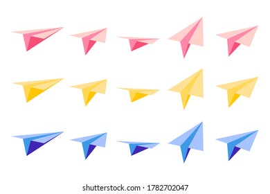 Set of vector cartoon illustrations with origami paper planes with views from different sides on white background. Back to school