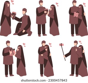Conjunto de ilustraciones vectoriales de personas con ropa medieval. Establecer pareja