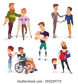 Set of vector cartoon illustrations of people with disabilities isolated on white.