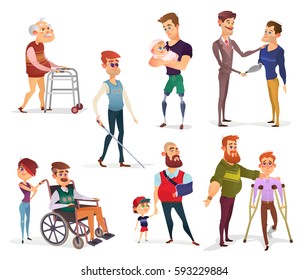 Conjunto de ilustraciones vectoriales de personas con discapacidades aisladas en blanco.
