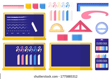 Set of vector cartoon illustrations with school blackboard, colored chalk, sponge, stickers and rulers on white background. Back to school.