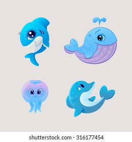 set of vector cartoon illustrations of sea animals
