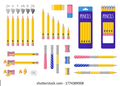 Set of vector cartoon illustrations with simple pencils, pencil sharpener and eraser on white background. Back to school.