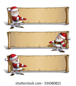 Set of vector Cartoon illustrations of a smiling, happy Santa Claus presenting in front of an aged blank scroll. All elements on well-defined Layers and groups for easy editing