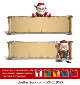 Set of vector Cartoon illustrations of a smiling, happy Santa Claus presenting on top and presenting a Christmas gift in front of an aged blank scroll. All elements neatly on layers and groups