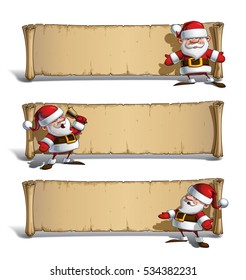 Set of vector Cartoon illustrations of a smiling, happy Santa Claus presenting and announcing Christmas in front of an aged blank scroll. All elements on well-defined Layers and groups