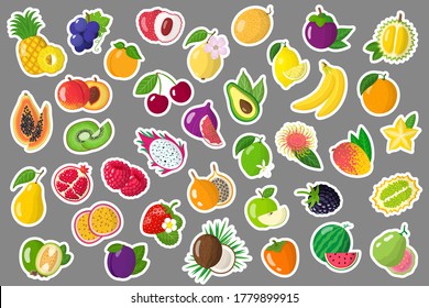 Set of vector cartoon illustrations stickers with summer exotic fruits and berries. Pineapple, papaya, pear, feijoa, grapes, peach, kiwifruit, pomegranate, apricot, raspberry, plum strawberry etc